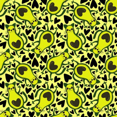 Avokato dikişsiz kedi ve avakado deseni kağıt, kumaş, çarşaf ve çocuk kıyafetleri ve yaz baskısı ve festival aksesuarları ve parti ambalajları için. Yüksek kaliteli illüstrasyon