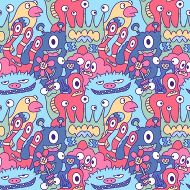 Çizgi film canavarları, kusursuz komik uzaylılar, tavşan, kaktüs ve çiçek desenleri. Kağıt, çarşaf, kumaş, çocuk giysisi baskısı ve şenlikli ambalaj için. Yüksek kaliteli illüstrasyon