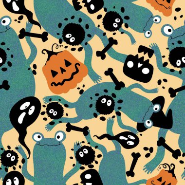 Cadılar Bayramı hayvanlarının dikişsiz kurbağaları, balkabakları, hayaletleri ve kafatası desenleri kağıt, kumaş, çocuk baskısı, şenlikli ambalajlar ve parti sonbahar aksesuarları. Yüksek kaliteli illüstrasyon
