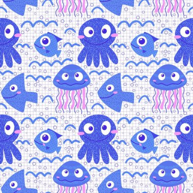 Okyanus hayvanları, dikişsiz denizanaları, yengeçler, denizyıldızı, yıldız ve ahtapot desenli ambalajlar, kumaşlar, çocuk giysileri baskıları ve yaz ambalajları. Yüksek kaliteli illüstrasyon