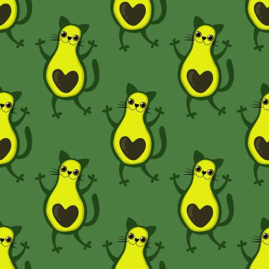Avokato dikişsiz kedi ve avakado deseni kağıt, kumaş, çarşaf ve çocuk kıyafetleri ve yaz baskısı ve festival aksesuarları ve parti ambalajları için. Yüksek kaliteli illüstrasyon