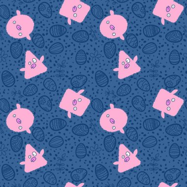 Paskalya yumurtaları ve tavuksuz bahar partisi desenli ambalaj kağıtları, kumaşlar, çarşaflar, çocuk kıyafetleri ve şenlik aksesuarları. Yüksek kaliteli illüstrasyon