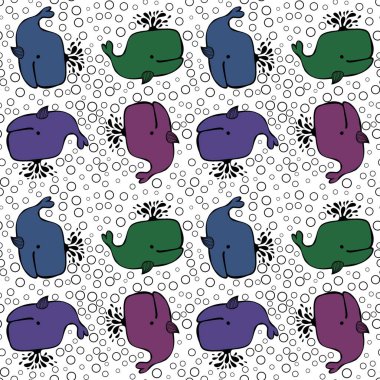 Çizgi filmdeki çocuklar, ambalaj kağıdı, kıyafet baskısı, aksesuarlar, defterler ve kumaşlar için kusursuz okyanus balinası deseni. Yüksek kaliteli illüstrasyon