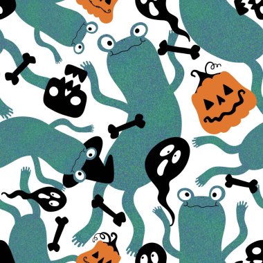 Cadılar Bayramı hayvanlarının dikişsiz kurbağaları, balkabakları, hayaletleri ve kafatası desenleri kağıt, kumaş, çocuk baskısı, şenlikli ambalajlar ve parti sonbahar aksesuarları. Yüksek kaliteli illüstrasyon