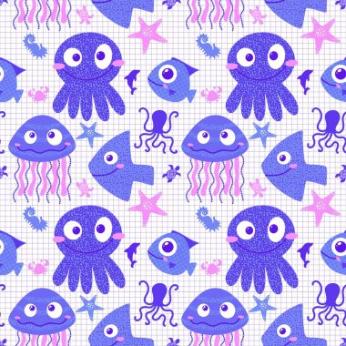 Okyanus hayvanları, dikişsiz denizanaları, yengeçler, denizyıldızı, yıldız ve ahtapot desenli ambalajlar, kumaşlar, çocuk giysileri baskıları ve yaz ambalajları. Yüksek kaliteli illüstrasyon