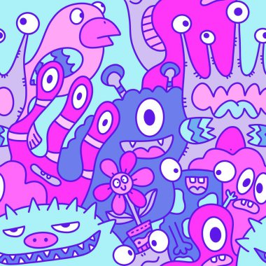 Çizgi film canavarları, kusursuz komik uzaylılar, tavşan, kaktüs ve çiçek desenleri. Kağıt, çarşaf, kumaş, çocuk giysisi baskısı ve şenlikli ambalaj için. Yüksek kaliteli illüstrasyon