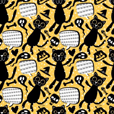 Çizgi filmlerdeki cadılar bayramı hayvanları kağıt, kumaş, çocuk giyimi baskısı, güz ambalajı ve parti aksesuarları için kusursuz kedi desenleri. Yüksek kaliteli illüstrasyon