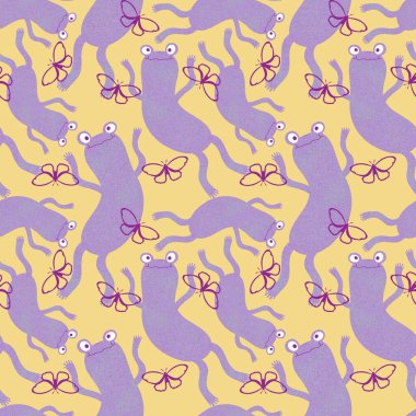 Çizgi film hayvanları, kağıt, kumaş, çarşaf, çocuk giysisi baskısı, yaz aksesuarları ve hayvanat bahçesi ambalajları için kusursuz kurbağa desenleri. Yüksek kaliteli illüstrasyon