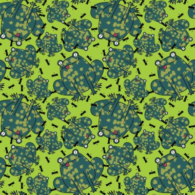 Çizgi film hayvanları, kağıt, kumaş, çarşaf, çocuk giysisi baskısı, yaz aksesuarları ve hayvanat bahçesi ambalajları için kusursuz kurbağa desenleri. Yüksek kaliteli illüstrasyon