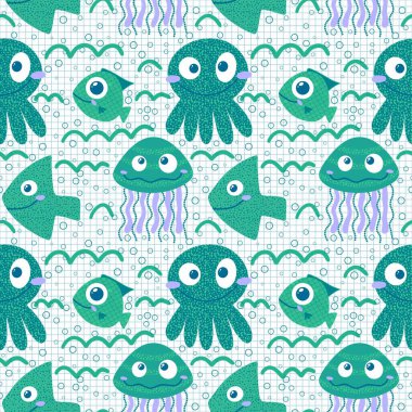 Okyanus hayvanları, dikişsiz denizanaları, yengeçler, denizyıldızı, yıldız ve ahtapot desenli ambalajlar, kumaşlar, çocuk giysileri baskıları ve yaz ambalajları. Yüksek kaliteli illüstrasyon