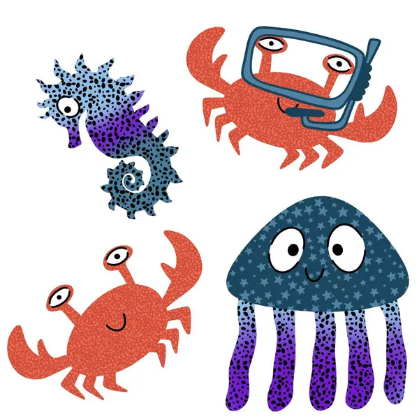 Sea cartoon summer animals set crabs and fish and jellyfish and seahorse pattern for wrapping paper and fabrics and linens and kids clothes print and party accessories. High quality illustration