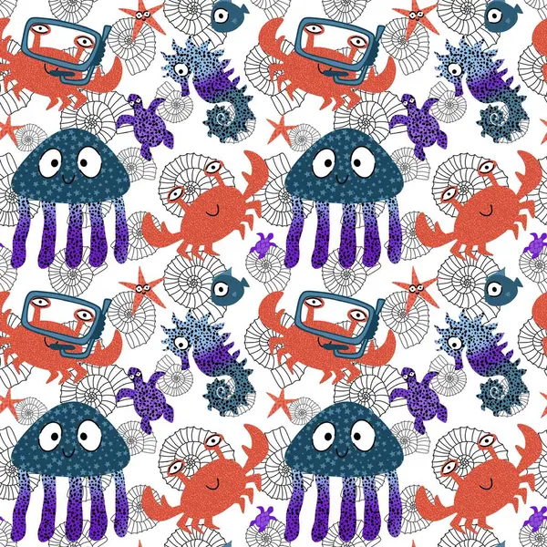 Sea cartoon summer animals seamless crabs and fish and jellyfish and seahorse pattern for wrapping paper and fabrics and linens and kids clothes print and party accessories. High quality illustration