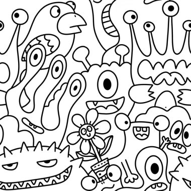 Çizgi film canavarları, kusursuz komik uzaylılar, tavşan, kaktüs ve çiçek desenleri. Kağıt, çarşaf, kumaş, çocuk giysisi baskısı ve şenlikli ambalaj için. Yüksek kaliteli illüstrasyon