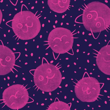 Çizgi filmlerdeki suluboya lekeler ve kağıt ve kumaşları sarmak için kusursuz kedi desenleri ve çocuk giysileri baskısı ve şenlikli ambalajlar ve parti aksesuarları. Yüksek kaliteli illüstrasyon