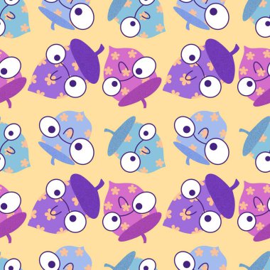 Çizgi film meşe palamutları ambalaj kağıtları, kumaşlar, çarşaflar, çocuk giysileri baskıları, şenlikli ambalajlar ve sonbahar partisi aksesuarları için kusursuz desenler. Yüksek kaliteli illüstrasyon