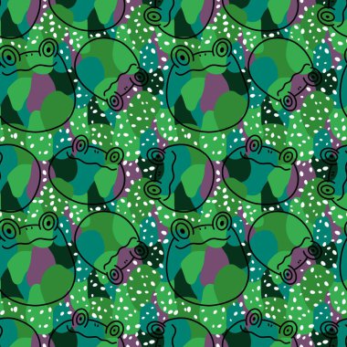 Çizgi film hayvanları, kağıt, kumaş, çarşaf, çocuk giysisi baskısı, yaz aksesuarları ve hayvanat bahçesi ambalajları için kusursuz kurbağa desenleri. Yüksek kaliteli illüstrasyon