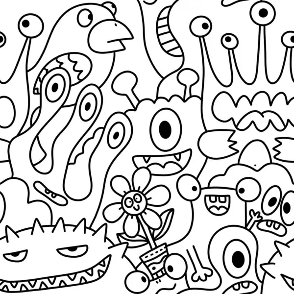 Çizgi film canavarları, kusursuz komik uzaylılar, tavşan, kaktüs ve çiçek desenleri. Kağıt, çarşaf, kumaş, çocuk giysisi baskısı ve şenlikli ambalaj için. Yüksek kaliteli illüstrasyon