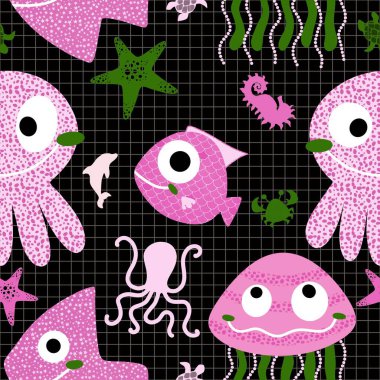 Okyanus hayvanları, dikişsiz denizanaları, yengeçler, denizyıldızı, yıldız ve ahtapot desenli ambalajlar, kumaşlar, çocuk giysileri baskıları ve yaz ambalajları. Yüksek kaliteli illüstrasyon