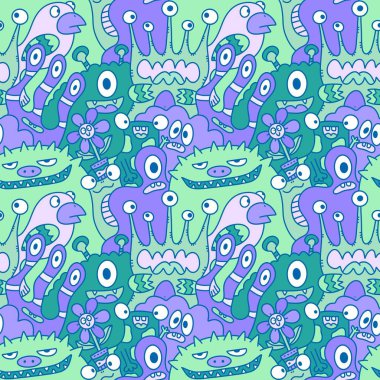 Çizgi film canavarları, kusursuz komik uzaylılar, tavşan, kaktüs ve çiçek desenleri. Kağıt, çarşaf, kumaş, çocuk giysisi baskısı ve şenlikli ambalaj için. Yüksek kaliteli illüstrasyon