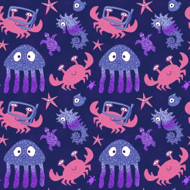 Deniz karikatüründeki yaz hayvanları dikişsiz yengeçler ve balıklar ve denizanaları ve ambalaj kağıdı, kumaş, çarşaf ve çocuk kıyafetleri ve parti aksesuarları için denizatı deseni. Yüksek kaliteli illüstrasyon