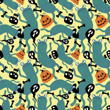 Cadılar Bayramı hayvanlarının dikişsiz kurbağaları, balkabakları, hayaletleri ve kafatası desenleri kağıt, kumaş, çocuk baskısı, şenlikli ambalajlar ve parti sonbahar aksesuarları. Yüksek kaliteli illüstrasyon