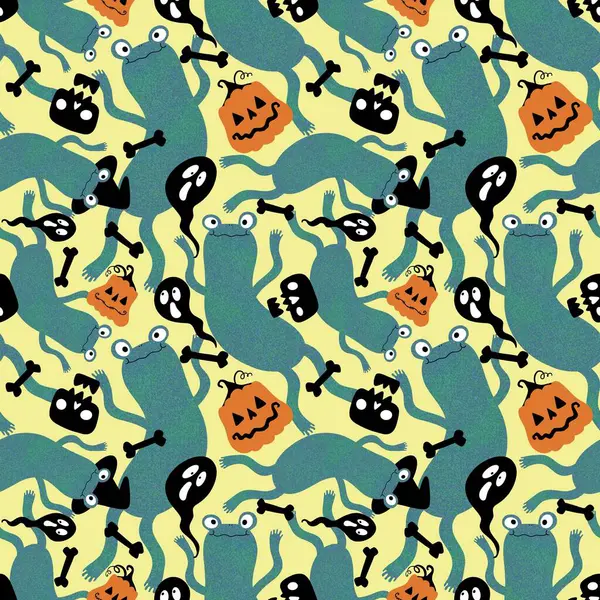 Cadılar Bayramı hayvanlarının dikişsiz kurbağaları, balkabakları, hayaletleri ve kafatası desenleri kağıt, kumaş, çocuk baskısı, şenlikli ambalajlar ve parti sonbahar aksesuarları. Yüksek kaliteli illüstrasyon