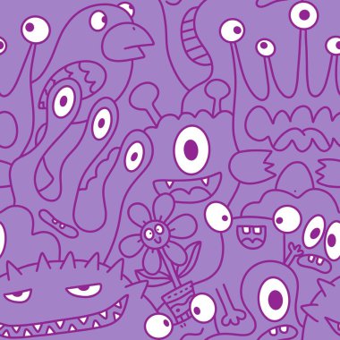 Çizgi film canavarları, kusursuz komik uzaylılar, tavşan, kaktüs ve çiçek desenleri. Kağıt, çarşaf, kumaş, çocuk giysisi baskısı ve şenlikli ambalaj için. Yüksek kaliteli illüstrasyon