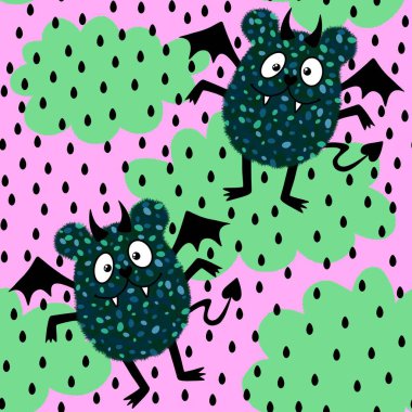 Cadılar Bayramı çizgi filmlerinde yarasa desenleri ambalaj kağıtları ve kumaşlar ve çocuk kıyafetleri baskısı ve şenlik ambalajı ve moda tekstil ve aksesuarları. Yüksek kaliteli illüstrasyon