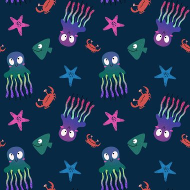 Okyanus hayvanları, dikişsiz denizanaları, yengeçler, denizyıldızı, yıldız ve ahtapot desenli ambalajlar, kumaşlar, çocuk giysileri baskıları ve yaz ambalajları. Yüksek kaliteli illüstrasyon