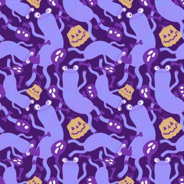 Cadılar Bayramı hayvanlarının dikişsiz kurbağaları, balkabakları, hayaletleri ve kafatası desenleri kağıt, kumaş, çocuk baskısı, şenlikli ambalajlar ve parti sonbahar aksesuarları. Yüksek kaliteli illüstrasyon