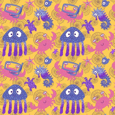 Deniz karikatüründeki yaz hayvanları dikişsiz yengeçler ve balıklar ve denizanaları ve ambalaj kağıdı, kumaş, çarşaf ve çocuk kıyafetleri ve parti aksesuarları için denizatı deseni. Yüksek kaliteli illüstrasyon