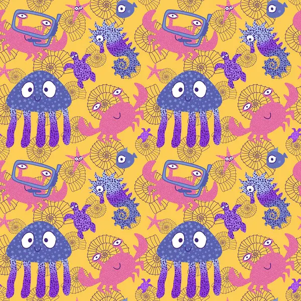 Sea cartoon summer animals seamless crabs and fish and jellyfish and seahorse pattern for wrapping paper and fabrics and linens and kids clothes print and party accessories. High quality illustration