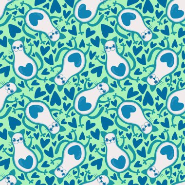 Avokato dikişsiz kedi ve avakado deseni kağıt, kumaş, çarşaf ve çocuk kıyafetleri ve yaz baskısı ve festival aksesuarları ve parti ambalajları için. Yüksek kaliteli illüstrasyon