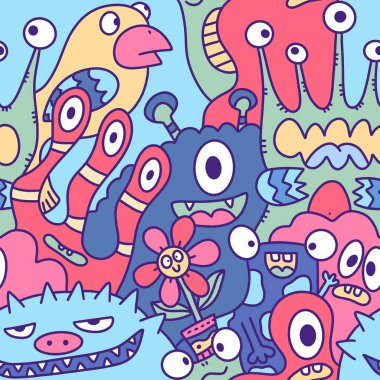 Çizgi film canavarları, kusursuz komik uzaylılar, tavşan, kaktüs ve çiçek desenleri. Kağıt, çarşaf, kumaş, çocuk giysisi baskısı ve şenlikli ambalaj için. Yüksek kaliteli illüstrasyon