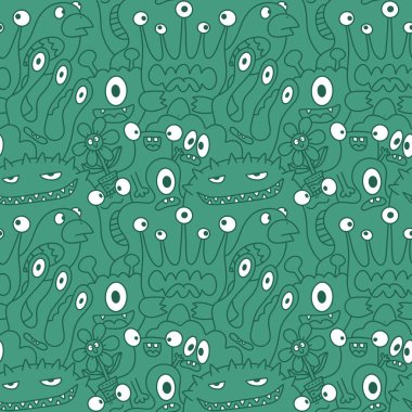 Çizgi film canavarları, kusursuz komik uzaylılar, tavşan, kaktüs ve çiçek desenleri. Kağıt, çarşaf, kumaş, çocuk giysisi baskısı ve şenlikli ambalaj için. Yüksek kaliteli illüstrasyon