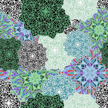 Kumaşlar ve çarşaflar, ambalajlar, moda tekstil ürünleri, parti aksesuarları, şenlik ambalajları ve çocuk baskıları için soyut geometrik dikişsiz mandala deseni. Yüksek kaliteli illüstrasyon