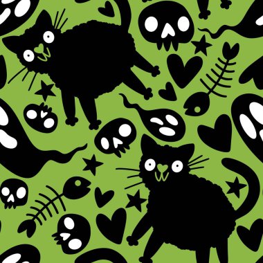 Cadılar Bayramı canavarları kağıt, kumaş ve çarşaf sarmak için kusursuz kedi desenleri ve çocuk giysileri baskısı ve şenlik ambalajı ve parti sonbahar aksesuarları. Yüksek kaliteli illüstrasyon