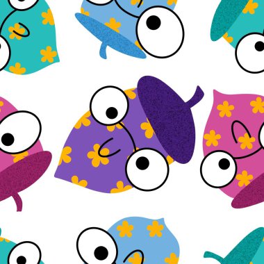 Çizgi film meşe palamutları ambalaj kağıtları, kumaşlar, çarşaflar, çocuk giysileri baskıları, şenlikli ambalajlar ve sonbahar partisi aksesuarları için kusursuz desenler. Yüksek kaliteli illüstrasyon