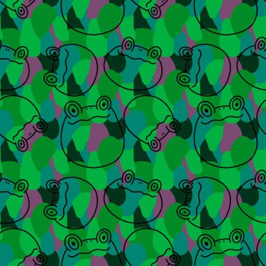 Çizgi film hayvanları, kağıt, kumaş, çarşaf, çocuk giysisi baskısı, yaz aksesuarları ve hayvanat bahçesi ambalajları için kusursuz kurbağa desenleri. Yüksek kaliteli illüstrasyon