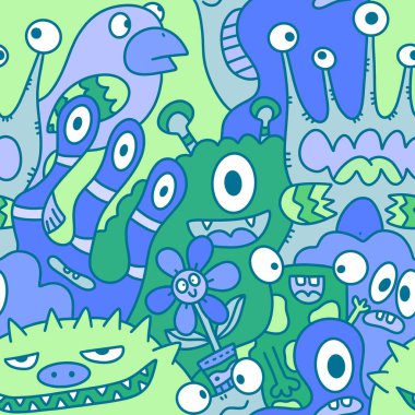 Çizgi film canavarları, kusursuz komik uzaylılar, tavşan, kaktüs ve çiçek desenleri. Kağıt, çarşaf, kumaş, çocuk giysisi baskısı ve şenlikli ambalaj için. Yüksek kaliteli illüstrasyon