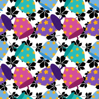 Çizgi film meşe palamutları ambalaj kağıtları, kumaşlar, çarşaflar, çocuk giysileri baskıları, şenlikli ambalajlar ve sonbahar partisi aksesuarları için kusursuz desenler. Yüksek kaliteli illüstrasyon