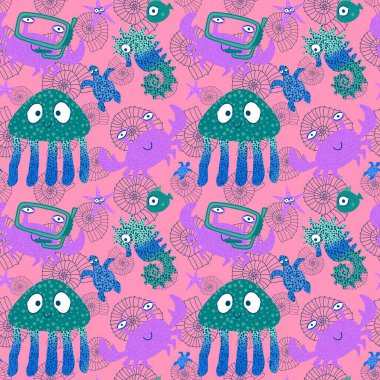 Deniz karikatüründeki yaz hayvanları dikişsiz yengeçler ve balıklar ve denizanaları ve ambalaj kağıdı, kumaş, çarşaf ve çocuk kıyafetleri ve parti aksesuarları için denizatı deseni. Yüksek kaliteli illüstrasyon