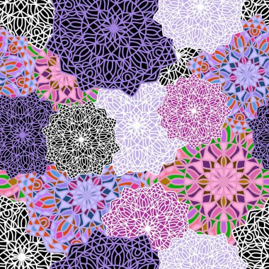 Kumaşlar ve çarşaflar, ambalajlar, moda tekstil ürünleri, parti aksesuarları, şenlik ambalajları ve çocuk baskıları için soyut geometrik dikişsiz mandala deseni. Yüksek kaliteli illüstrasyon