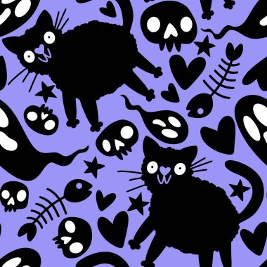 Cadılar Bayramı canavarları kağıt, kumaş ve çarşaf sarmak için kusursuz kedi desenleri ve çocuk giysileri baskısı ve şenlik ambalajı ve parti sonbahar aksesuarları. Yüksek kaliteli illüstrasyon