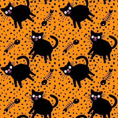 Cadılar Bayramı canavarları kağıt, kumaş ve çarşaf sarmak için kusursuz kedi desenleri ve çocuk giysileri baskısı ve şenlik ambalajı ve parti sonbahar aksesuarları. Yüksek kaliteli illüstrasyon