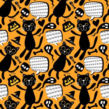 Çizgi filmlerdeki cadılar bayramı hayvanları kağıt, kumaş, çocuk giyimi baskısı, güz ambalajı ve parti aksesuarları için kusursuz kedi desenleri. Yüksek kaliteli illüstrasyon