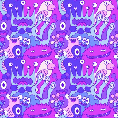 Çizgi film canavarları, kusursuz komik uzaylılar, tavşan, kaktüs ve çiçek desenleri. Kağıt, çarşaf, kumaş, çocuk giysisi baskısı ve şenlikli ambalaj için. Yüksek kaliteli illüstrasyon