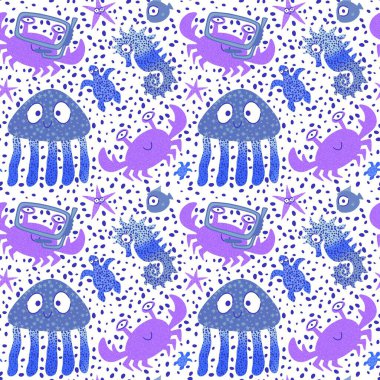 Deniz karikatüründeki yaz hayvanları dikişsiz yengeçler ve balıklar ve denizanaları ve ambalaj kağıdı, kumaş, çarşaf ve çocuk kıyafetleri ve parti aksesuarları için denizatı deseni. Yüksek kaliteli illüstrasyon