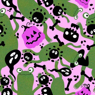 Cadılar Bayramı hayvanlarının dikişsiz kurbağaları, balkabakları, hayaletleri ve kafatası desenleri kağıt, kumaş, çocuk baskısı, şenlikli ambalajlar ve parti sonbahar aksesuarları. Yüksek kaliteli illüstrasyon