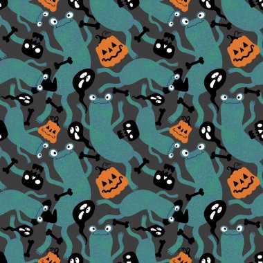 Cadılar Bayramı hayvanlarının dikişsiz kurbağaları, balkabakları, hayaletleri ve kafatası desenleri kağıt, kumaş, çocuk baskısı, şenlikli ambalajlar ve parti sonbahar aksesuarları. Yüksek kaliteli illüstrasyon